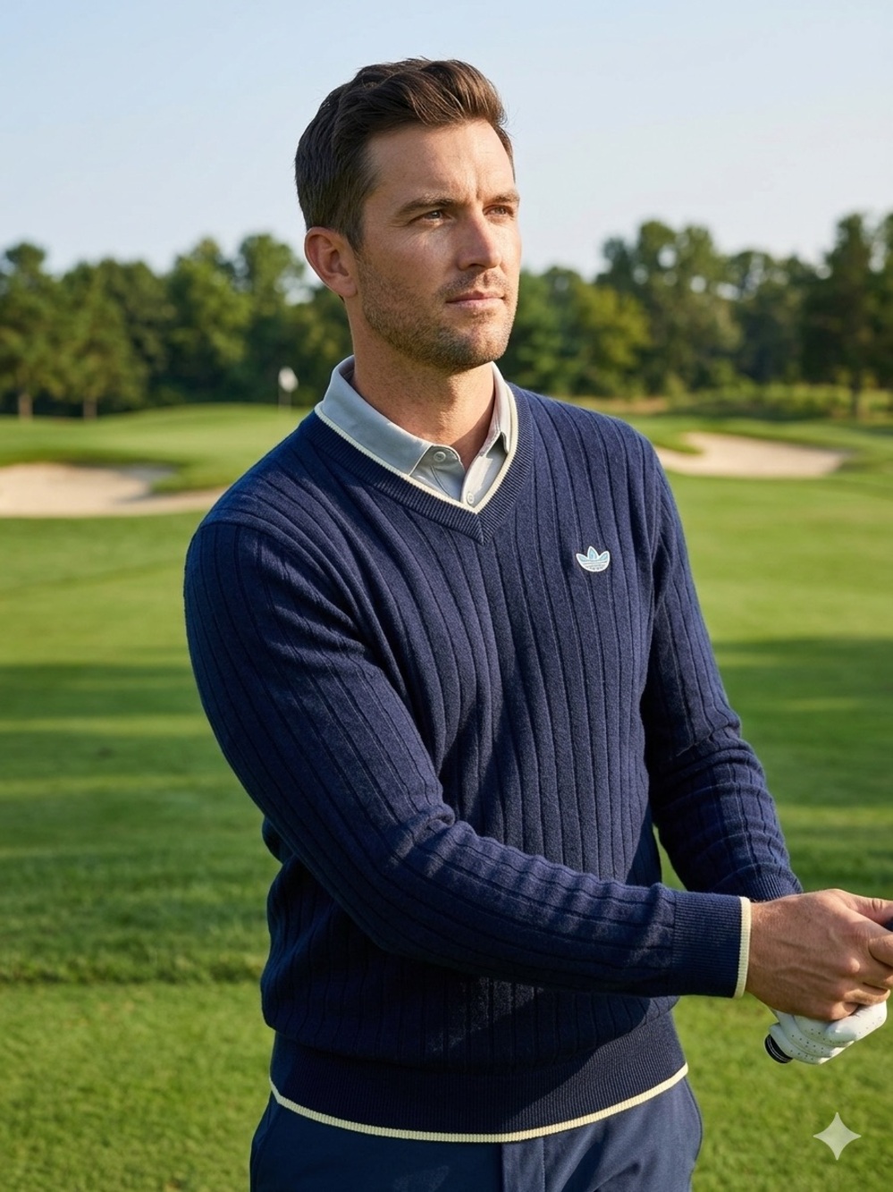 Adidas Green label Men's Navy Ribbed V-Neck Sweater Cashmere blend